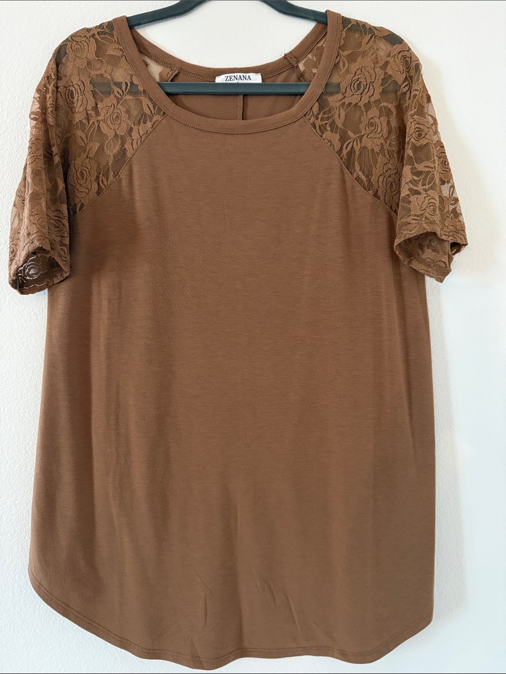 Zenana Outfitters Brown Lace Sleeve Short Sleeve Top
